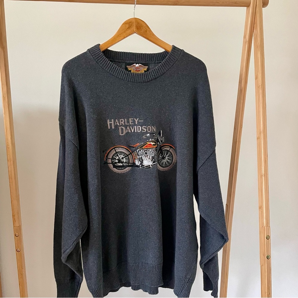 Vintage Harley Davidson Motorcycles Embroidered Chunky Knit Crewneck Sweater